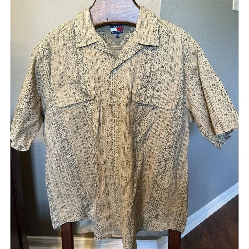 Vintage 1990s TOMMY HILFIGER Linen Batik Style Short Sleeve Button Up XL